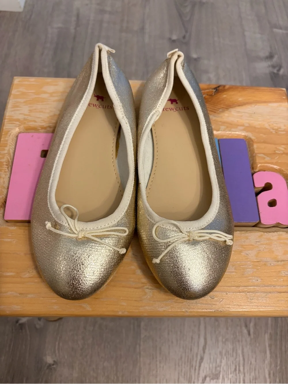 Crewcuts Girls Metallic Gold Ballet Flats with Bow Trim- Pre-owned